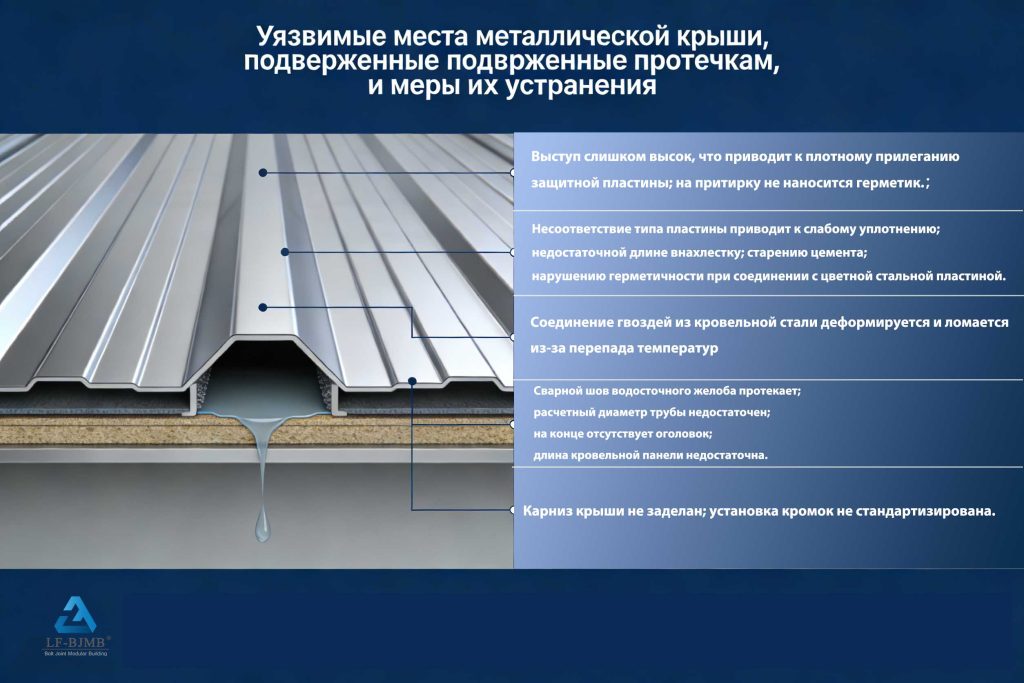 Расположение металлической кровли, склонной к протечкам, и соответствующие меры по ее обработке